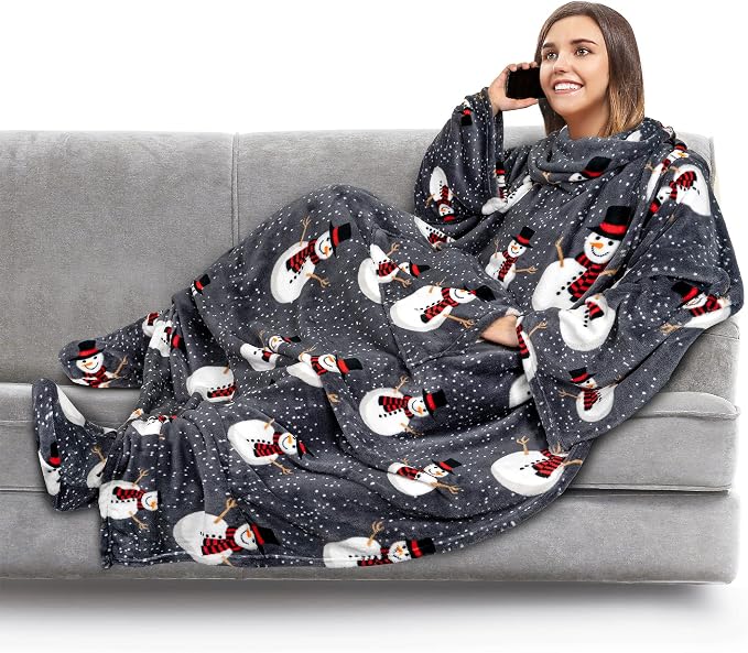PAVILIA Fleece Blanket with Sleeves, Foot Pockets for Women Men Adults, Plush Wearable Blanket Throw Wrap, Warm Snuggle Blanket Robe, Cozy Gift Ideas Wife Mom, Snowman Gray by PAVILIA
