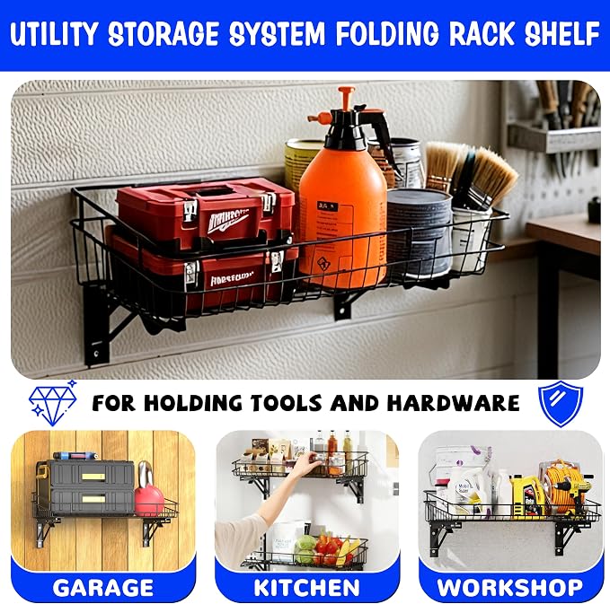 ULIBERMAGNET Large Folding Garage Shelf,Heavy Duty Wire Basket Storage Shelving,400LB Wall Mounted Storage DIY Folding Utility Racks for Garage, Office, Basement, Closet, Kitchen, Laundry - Image 8