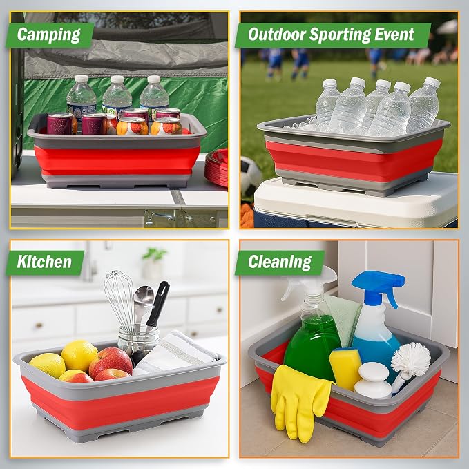 Collapsible Cleaning Caddy - Portable Multi-use Wash Basin, Dish Tub, or Ice Bucket with 7.27L Capacity for Camping and Tailgating by Wakeman (Red) - Image 5