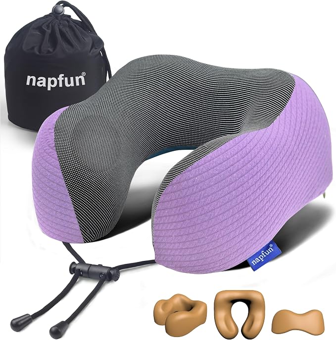 napfun Neck Pillow for Travel, Memory Foam Airplane Pillow, Light Purple | 360° Neck Support, Upgraded 100% Memory Foam for Airplane, Car, Train, Bus, Office Sleep, Travel Essentials for Long Flights by NAPFUN