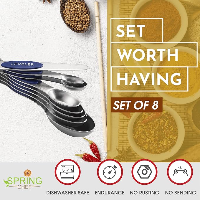 Spring Chef 8 Magnetic Measuring Spoons Set for Baking & Cooking, Sapphire | Stainless Steel Teaspoon & Tablespoon Measuring Spoons with Leveler for Dry & Liquid Ingredients, Dual Sided, Dishwasher Safe - Image 3
