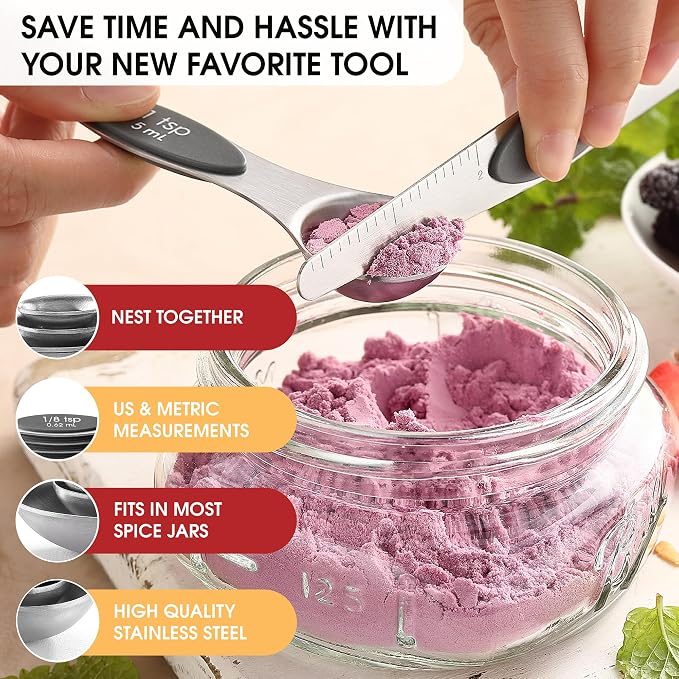 Spring Chef Stainless Steel Magnetic Measuring Spoons Set of 8, Gray | Stackable Metal Teaspoon & Tablespoon Measuring Spoons with Leveler for Dry & Liquid Ingredients, Dual Sided, Dishwasher Safe - Image 5