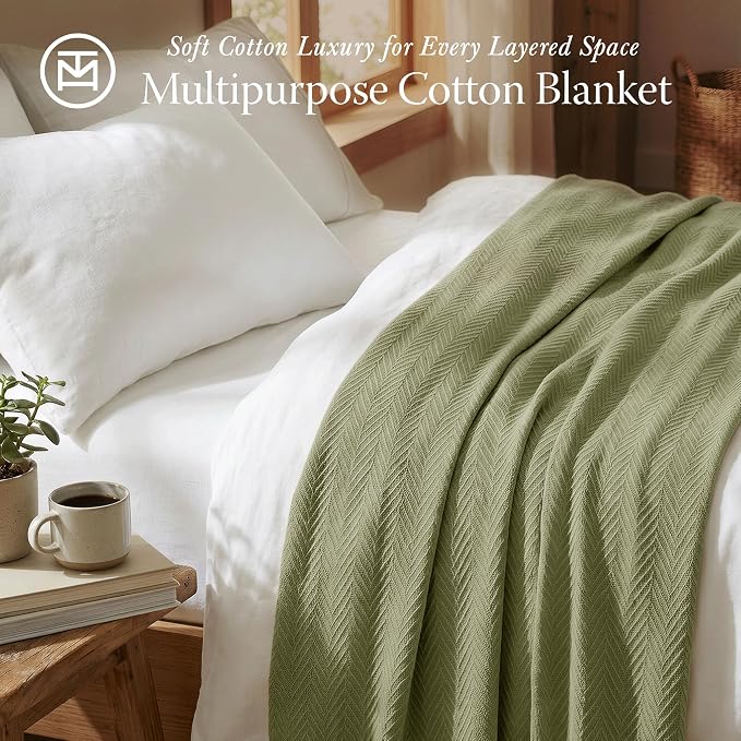 Threadmill Luxury Cotton Blankets for Twin Size Bed | All-Season 100% Cotton Twin Blanket for Bed | Herringbone Soft & Cozy Fall Thermal Blanket, 350GSM, 68x92 inches | Moss Green - Image 2