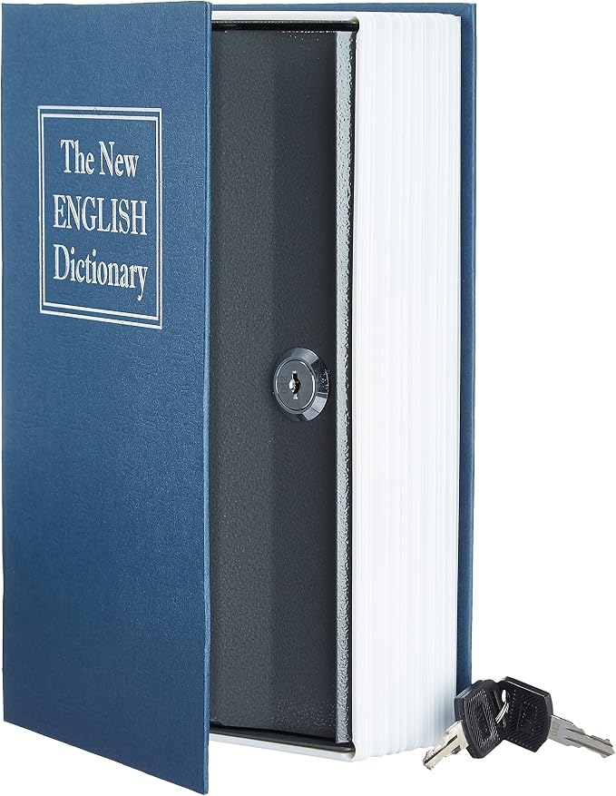 Amazon Basics Portable Diversion Book Safe, Secret Hidden Lock Box with Key Lock for Valuables, Hidden Storage Compartment Disguised as a Book, Large, Blue by AmazonBasics