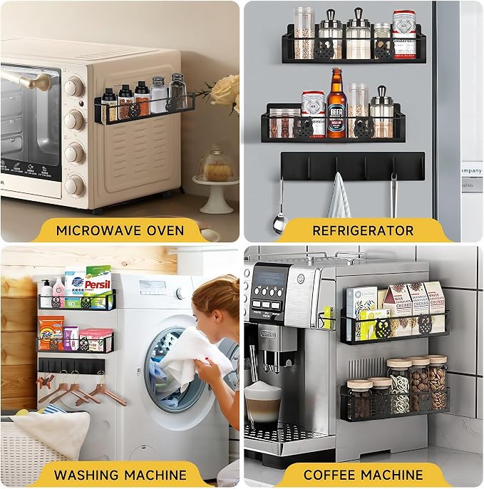 Magnetic Spice Rack for Refrigerator,Spice Organizer for Kitchen,Seasoning Organizer Rack,Magnetic Shelf with Hooks,Strong Magnet,Moveable,No Drilling(3 Pack,Black,Owl) - Image 7