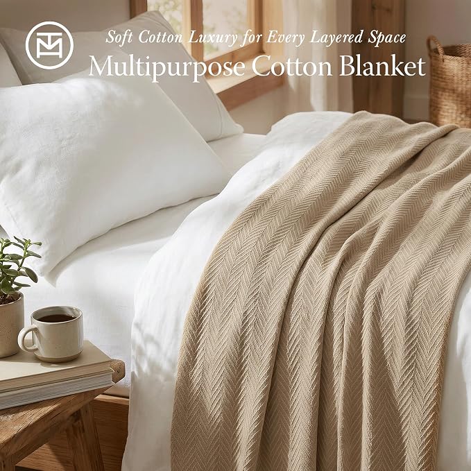 Threadmill Luxury Cotton Blankets for Twin Size Bed | All-Season 100% Cotton Twin Blanket for Bed | Herringbone, Soft & Cozy Fall Thermal Blanket, 350GSM, 68x92 inches | Beige | 100% Cotton, Herringbone Pattern, 350 GSM, 68x92 in, Breathable, Moisture-... - Image 2