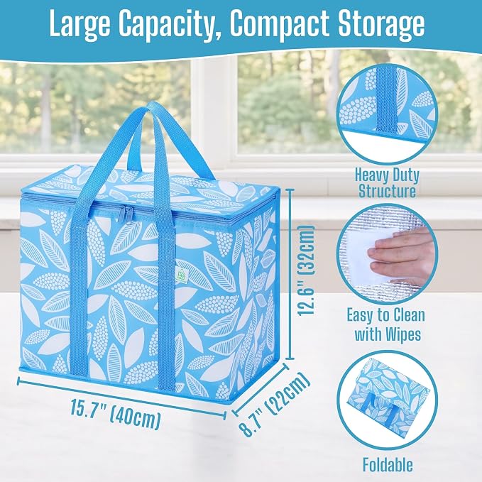 VENO 3 Pack Insulated Cooler Bag Reusable Grocery Bag for Food Delivery | Heavy Duty Large Collapsible Cooler Shopping Tote w/ Zippers, Foldable, Stands Upright for Camping (Spring Breeze, 3 Pack) - Image 2