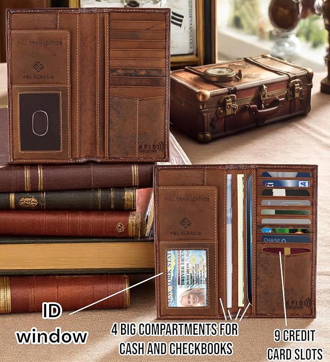 F&L CLASSIC Men's RFID Vintage Look Genuine Leather Long Bifold Wallet Checkbook Wallets,brown,240-80 - Image 3