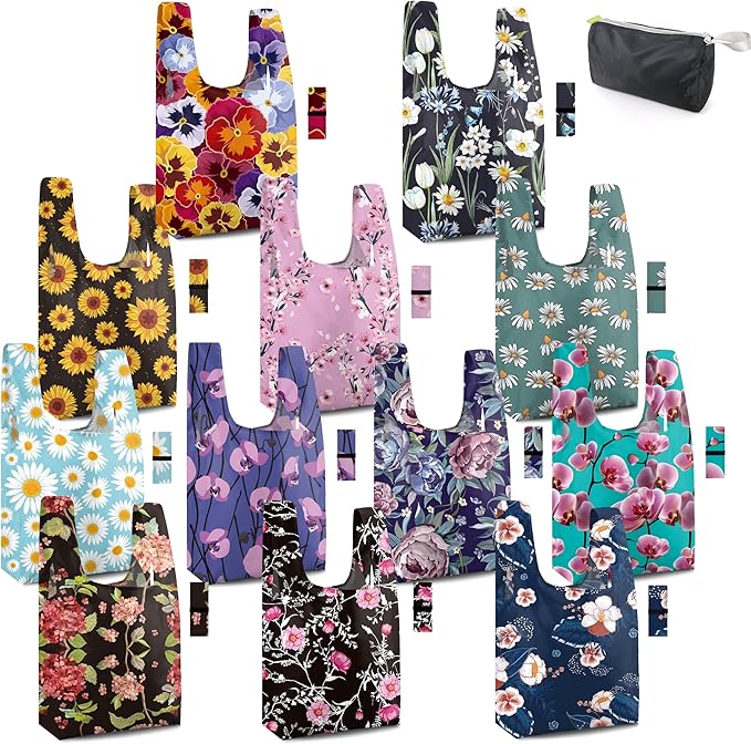 BeeGreen Large Flower Tote Bag - 12 Pack Heavy Duty Reusable Grocery Bags and Foldable Shopping Bags for Groceries, Cute Travel Reusable Gifts,Lightweight Washable Cloth Bag With Handles for Women​ by BeeGreen