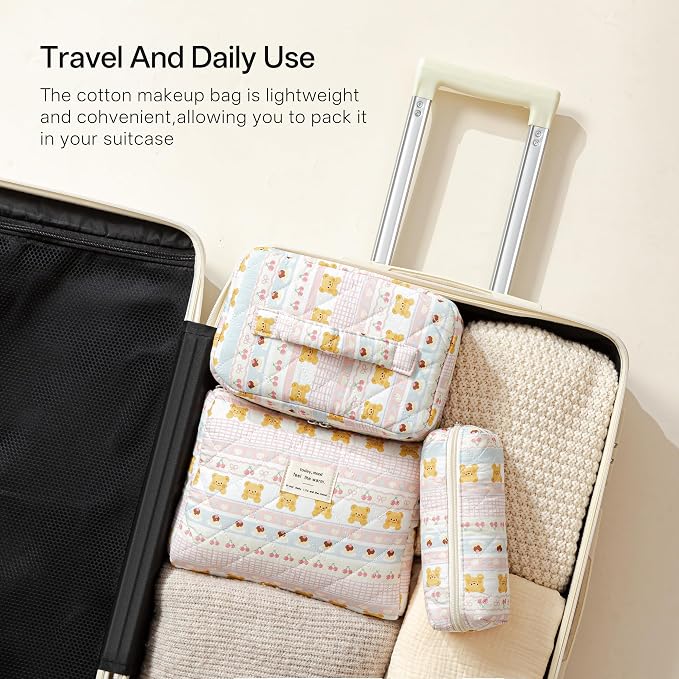 HBselect Quilted Makeup Bag, 3Pcs Cotton Large Travel Makeup Bags Organizer | Cute Floral Make up Bag Cosmetic Bag Toiletry Bag for Women Girls, Makeup Pouch for Skincare, Brushes & Travel Essentials - Image 4