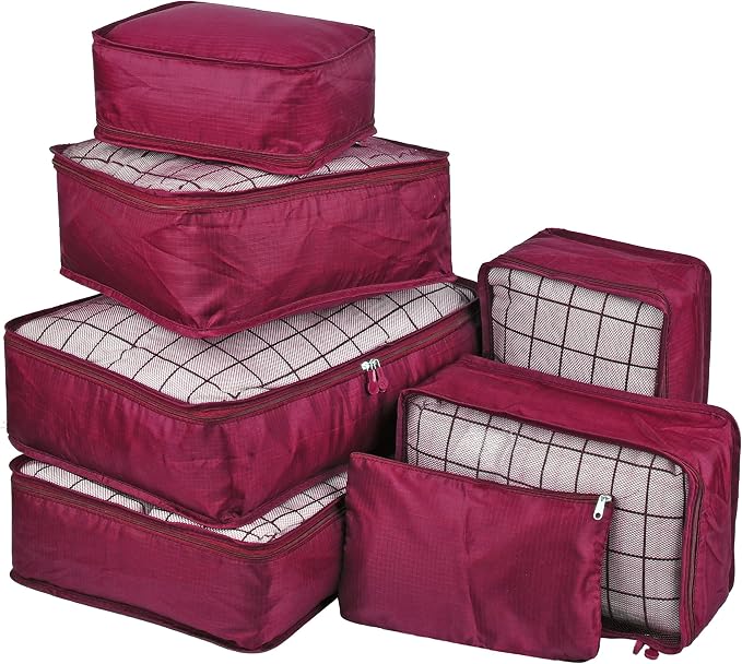 Vercord 7 Set Travel Packing Organizers Cubes Luggage Suitcase Organizer Bags Clothes Underwear Cube Shoe Pouch Pack Burgundy by Vercord