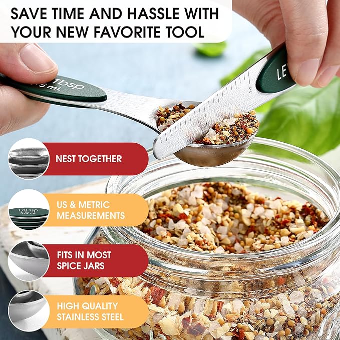 Spring Chef Stainless Steel Magnetic Measuring Spoons Set of 8, Pine Green | Nesting Metal Teaspoon & Tablespoon Measuring Spoons with Leveler for Dry & Liquid Ingredients, Dual Sided, Dishwasher Safe - Image 5