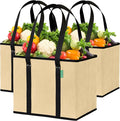 Reusable Grocery Bags (3 Pack) – Heavy Duty Reusable Shopping Bags for Groceries with Box Shape to Stand Up, Stay Open, Fold Flat – Large Tote-Bag is Foldable with Long Handles & Hard Bottom (Beige) by CreativeGreenLife
