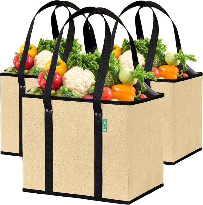 Reusable Grocery Bags (3 Pack) – Heavy Duty Reusable Shopping Bags for Groceries with Box Shape to Stand Up, Stay Open, Fold Flat – Large Tote-Bag is Foldable with Long Handles & Hard Bottom (Beige) by CreativeGreenLife