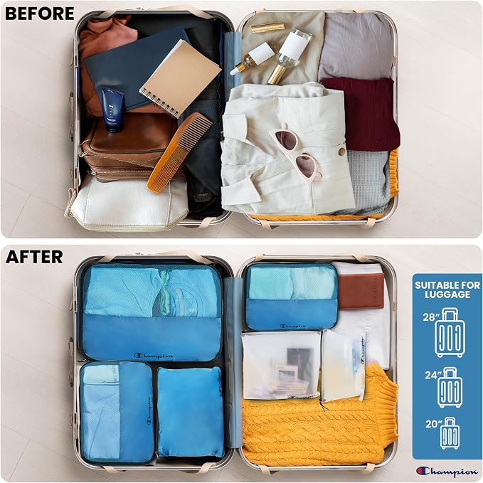 Champion Packing Cubes for Travel - 6 Piece Organizer Set, Carry-On Ready | Breathable mesh, sturdy handles; 3 cubes, 1 laundry bag, 2 zip pouches; zipper closure; fits carry-on and full-size suitcases - Image 3