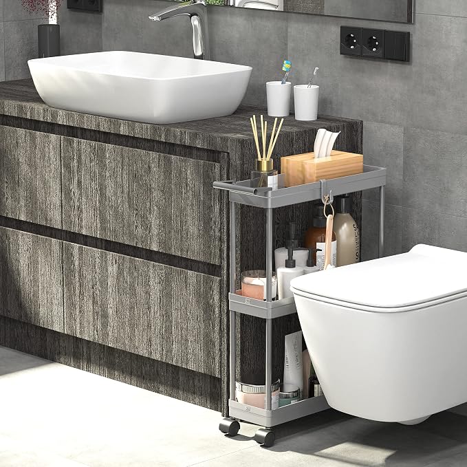 Simple Houseware 3-Tier Slim Rolling Cart w/Handle 5.5" Wx27.5 H, Gray | Storage Cart for Narrow Space (5.5-Inch Wide) Kitchen, Bathroom, Laundry Room - Image 9