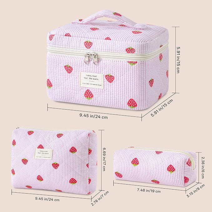 HBselect Quilted Makeup Bag, 3Pcs Cotton Large Travel Makeup Bags Organizer | Cute Floral Make up Bag Cosmetic Bag Toiletry Bag for Women Girls, Makeup Pouch for Skincare, Brushes & Travel Essentials - Image 5
