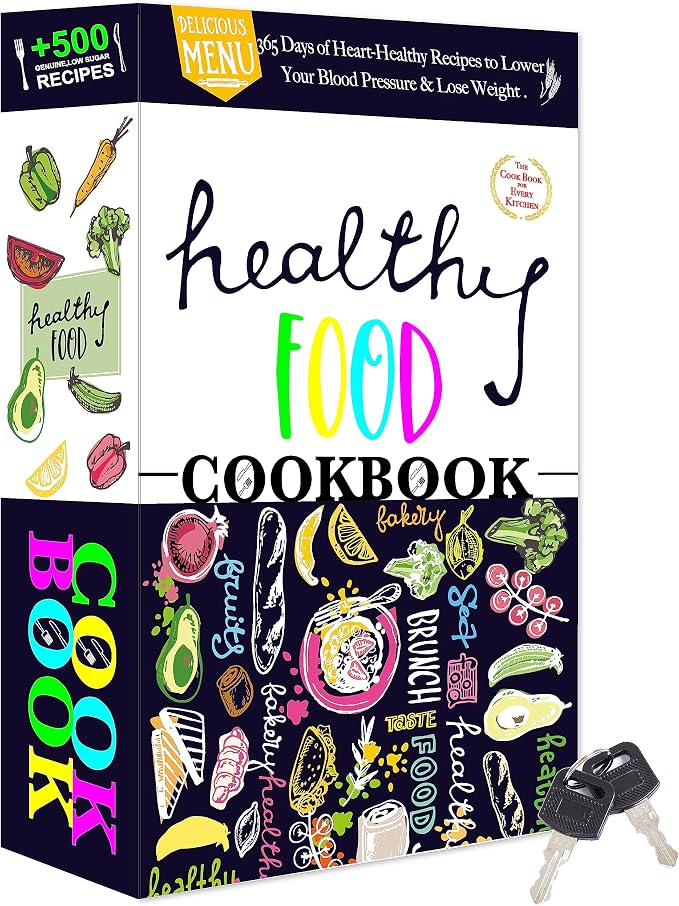 Cookbook Book Safe with Real Paper Pages - Healthy Food Theme Kitchen Diversion Safe with Key Lock & 2 Keys - 9.3"x6.1"x2.3" Hidden Storage Compartment Metal Security Box (Health Food-Key) by Ulixu