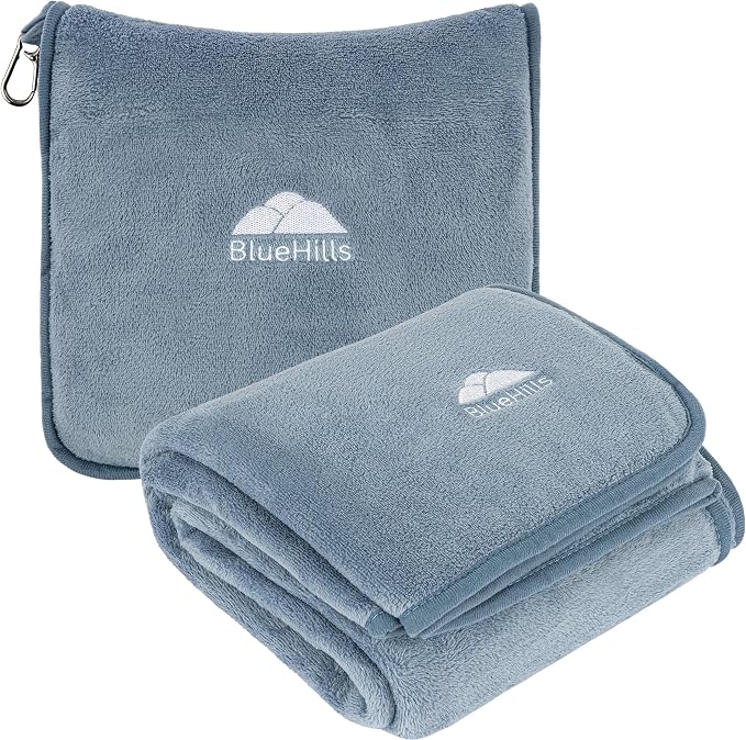 BlueHills Premium Soft Long Travel Blanket Airplane Throw - Grayish Blue | 70 X 48 Long Travel Blanket Pillow, Luggage Strap & Backpack Clip, Large Compact 2 in 1 Throw Airplane Traveling Essentials by BlueHills