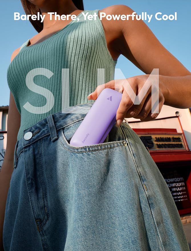 Aecooly Slim Portable Fan, Thin Handheld Fan, USB Rechargeable | Mini Personal [24H Max Cooling Time], Battery Powered Small Foldable Pocket for Travel, Summer, Gifts for Women, Girls-Purple - Image 2