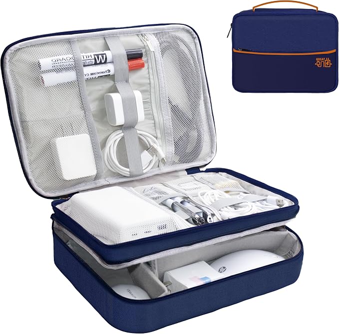 Electronics Organizer,Travel Cord Organizer Pouch,Cable Organizer Bags | Waterproof Electronic Accessories Storage Case for Cables, Cords, Charger, Phone (Three Layer-NavyBlue) by Miavers