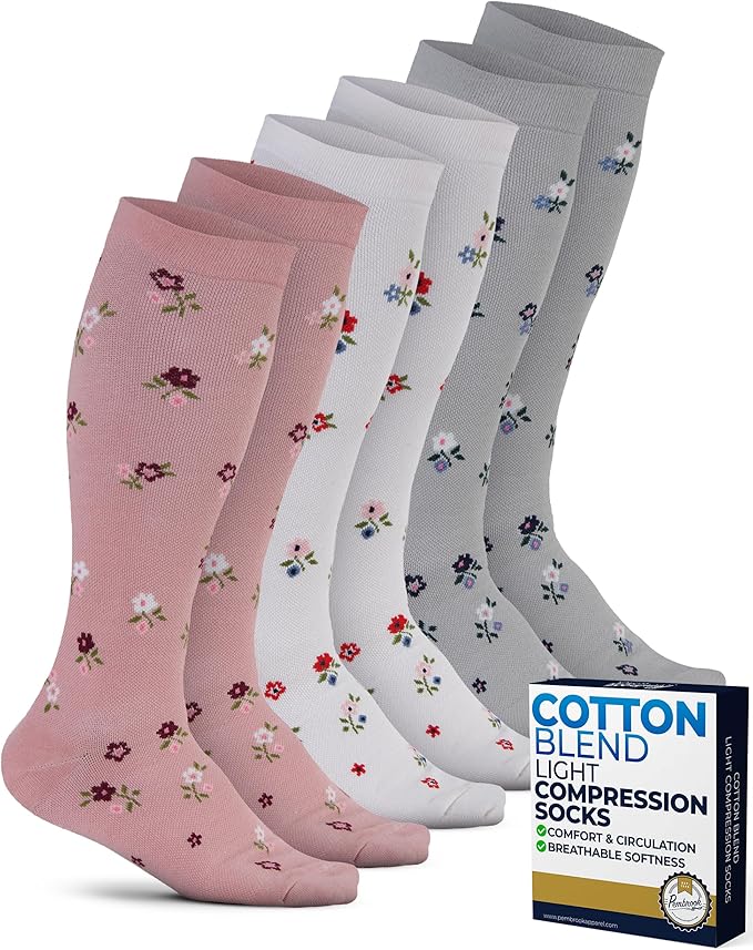 Pembrook® Light Compression Socks for Women - 3 Pairs | 8-15 mmHg Cotton Compression Socks for Pregnancy, Knee High Comfort by Pembrook