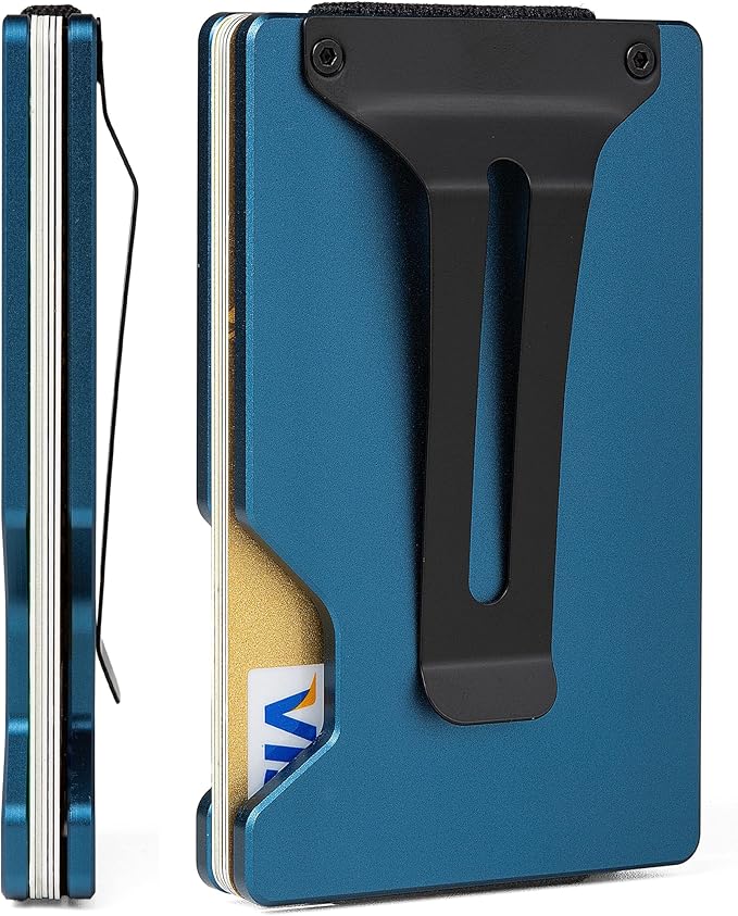 Minimalist Wallet for Men, Slim Metal RFID Blocking Wallet Credit Card Holder Money Clip & Cash Strap, Scratch-Resistant Holds 15 Cards,Ideal Gift for Men | Matte Blue by Unknown