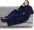 PAVILIA Fleece Blanket with Sleeves, Foot Pockets for Women Men Adults, Plush Wearable Blanket Throw Wrap, Warm Snuggle Blanket Robe, Cozy Gift Ideas Wife Mom, Navy Blue by PAVILIA