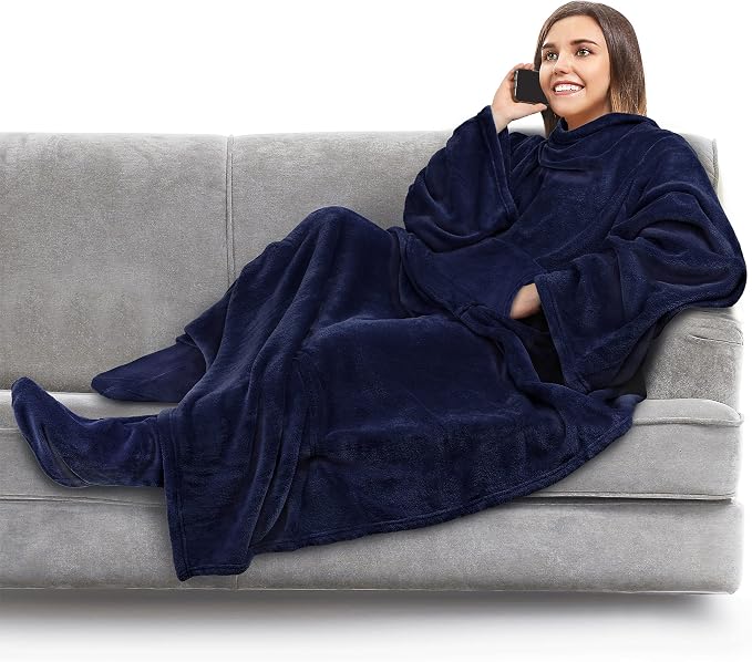 PAVILIA Fleece Blanket with Sleeves, Foot Pockets for Women Men Adults, Plush Wearable Blanket Throw Wrap, Warm Snuggle Blanket Robe, Cozy Gift Ideas Wife Mom, Navy Blue by PAVILIA