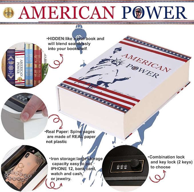 American Power Diversion Safe with Real Pages, Key Lock Metal Book Safe | Hidden safe box and hollow storage compartment for cash money. Decorative book box stash case for passport savings. - Image 4