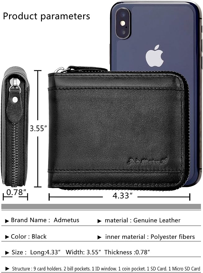 Admetus Mens RFID Blocking Wallets Zipper Leather Wallet for Men Bifold RFID Card Holder - Image 5