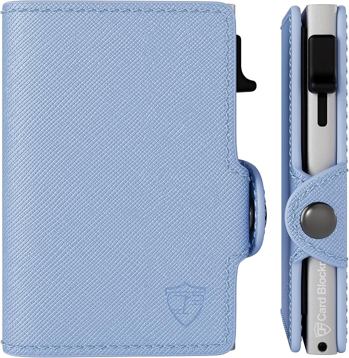 Pop Up Wallet for Women | RFID Blocking Slim Card Holder for Small Purse & Crossbody Bag | Compact Aluminum Wallet | Holds 4–6 Cards | Saffiano Sky Blue by ConcealPlus
