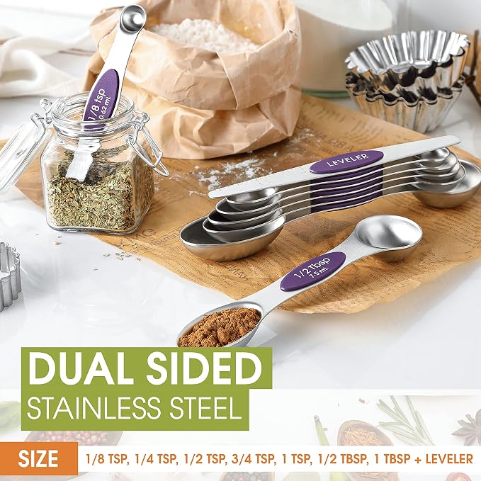Spring Chef Stainless Steel Magnetic Measuring Spoons Set of 8, Purple | Metal Teaspoon & Tablespoon Measuring Spoons w/ Leveler for Dry & Liquid Ingredients, Measure Spoons for Baking & Cooking - Image 4