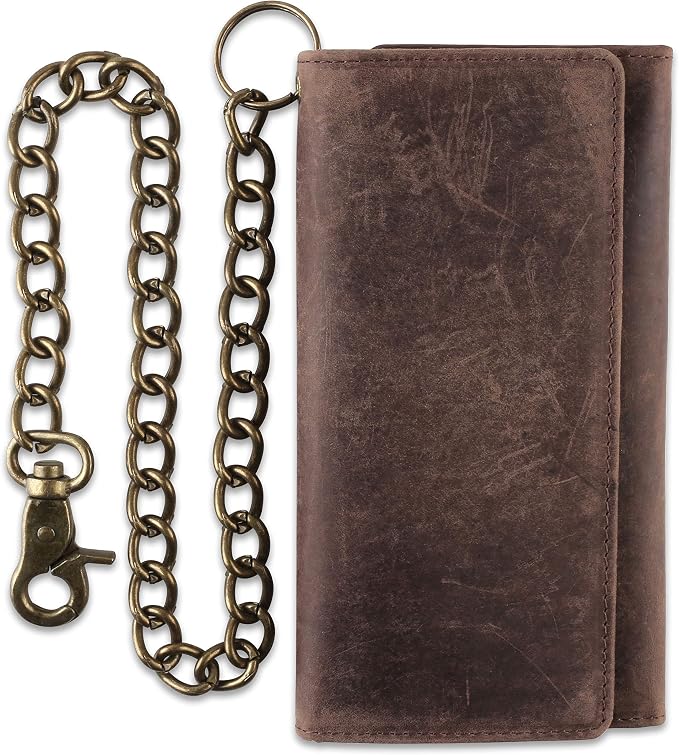 F&L CLASSIC RFID Blocking Mens Tri-fold Long Style Cowhide Leather Steel Chain Wallet,Antique dark brown by FLCLASSIC