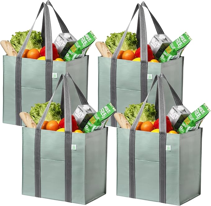 VENO 4 Pack Large Grocery Bag Reusable Shopping Bags with Hard Bottom | Utility Tote with Reinforced Handles, Heavy Duty, Foldable, Stand Upright, for Groceries Shopping Cart Storage(Green, 4 Pack) by Veno