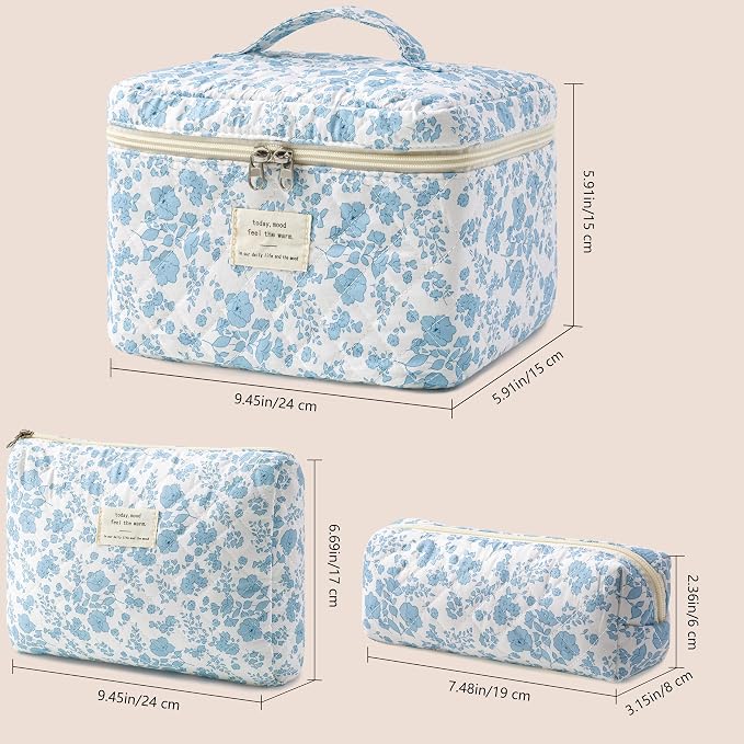 HBselect Quilted Makeup Bag, 3Pcs Cotton Large Travel Makeup Bags Organizer | Cute Floral Make up Bag Cosmetic Bag Toiletry Bag for Women Girls, Makeup Pouch for Skincare, Brushes & Travel Essentials - Image 6