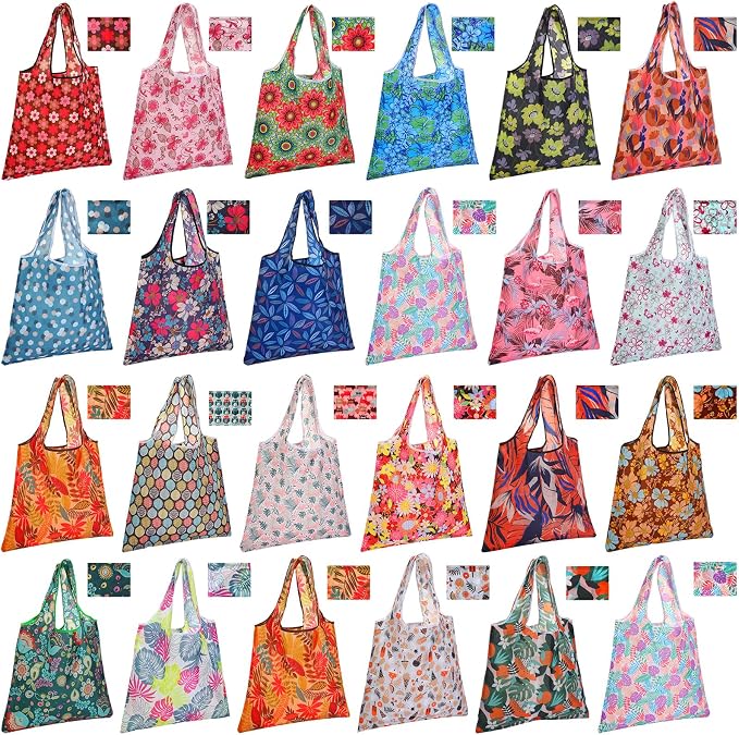 Eccliy 24 Pieces Reusable Grocery Bags Polyester Shopping Bags for Groceries Multi Colors Reusable Foldable Shopping Tote(Plants Style) by Eccliy
