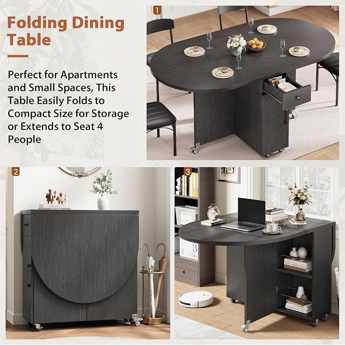 Jocoevol Round Folding Dining Table for 4, Space Saving Drop Leaf Kitchen Table with Storage Drawer, 6 Wheels Oval Gateleg Foldable Dining Table for Small Spaces(Black 47 * 23.6 * 30) - Image 3