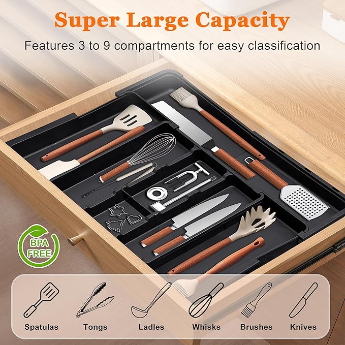 Large Utensil Drawer Organizer Expandable Silverware Organizer for Kitchen Drawer Adjustable Cooking Utensil Holder Cutlery Flatware Tray Spatula Tools Gadgets Storage Dividers Plastic Black - Image 3
