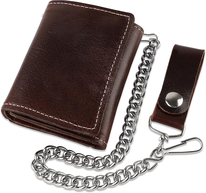 RFID Blocking Men's Tri-fold Vintage Biker Cowhide Leather Steel Chain Wallet,Snap closure, Made In USA,cp315,brown by FLCLASSIC