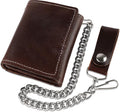 RFID Blocking Men's Tri-fold Vintage Biker Cowhide Leather Steel Chain Wallet,Snap closure, Made In USA,cp315,brown by FLCLASSIC