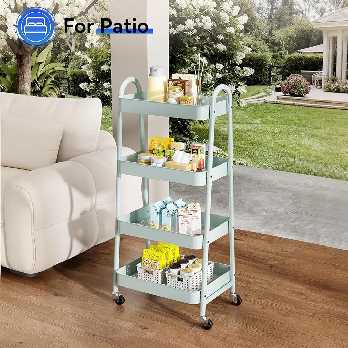 NEWBULIG 4-Tier Metal Rolling Storage Utility Cart with Lockable Wheels | Mobile Organizer Shelf, Space-Saving, Freestanding, Bathroom, Living Room, Slim, Narrow Corner Spaces, Green - Image 8