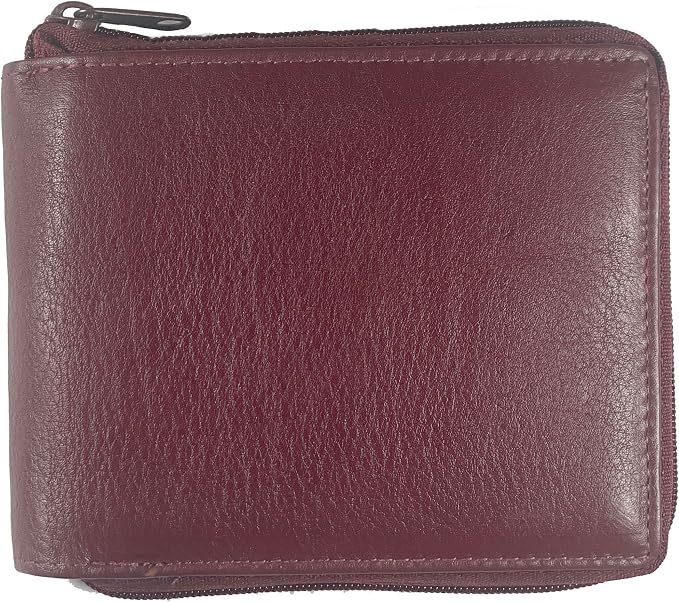 RFID Blocking Bifold Cowhide Leather Wallets For Men With Zipper Security | Safe Metal Zip Chain 9 Card-ID Slim Minimalist Mens Wallet (Burgundy) by Premiumqualityleatheraccessories
