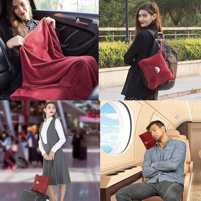 BlueHills Premium Soft Travel Blanket Pillow Airplane 2 in 1 Combo Warm Red | Long Flights, Packed in Soft Bag/Pillowcase, Luggage Belt and Backpack Clip, Compact Traveler Essentials Lightweight Red T001 - Image 3