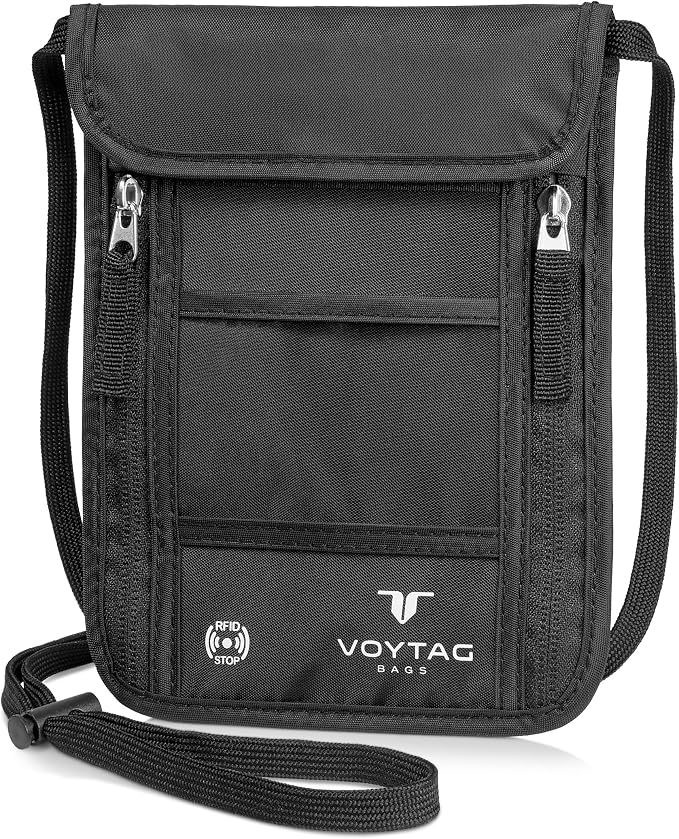 Ultra-Slim Comfort Neck Wallet & Passport Holder - RFID-Protected, Stylish Travel Pouch for Men & Women (Black) by VOYTAG