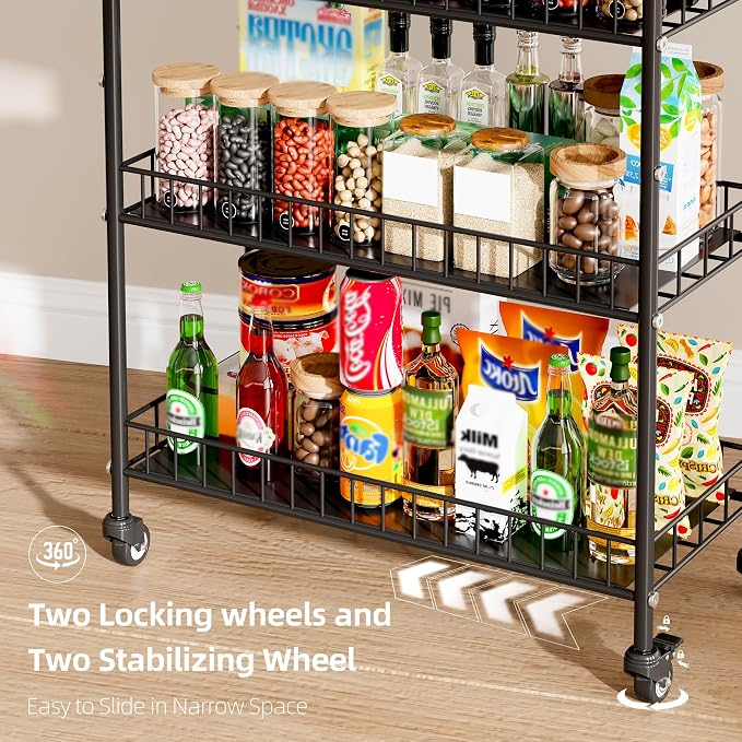 6-Tier Slim Storage Cart, Rolling Kitchen Cart with Wheels | Narrow Metal Shelf Organizer with Hooks for Kitchen, Bathroom, Living Room, Laundry, Small Spaces, Black, 10 in - Image 4