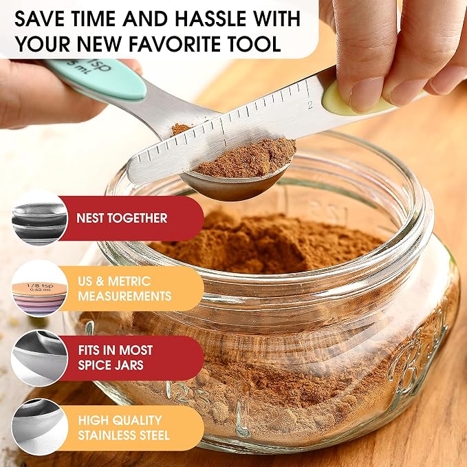 Spring Chef Stainless Steel Magnetic Measuring Spoons Set of 8, Pastel | Dual Sided Metal Teaspoon & Tablespoon Measuring Spoons with Leveler for Dry & Liquid Ingredients, Fits in Kitchen Spice Jars - Image 5