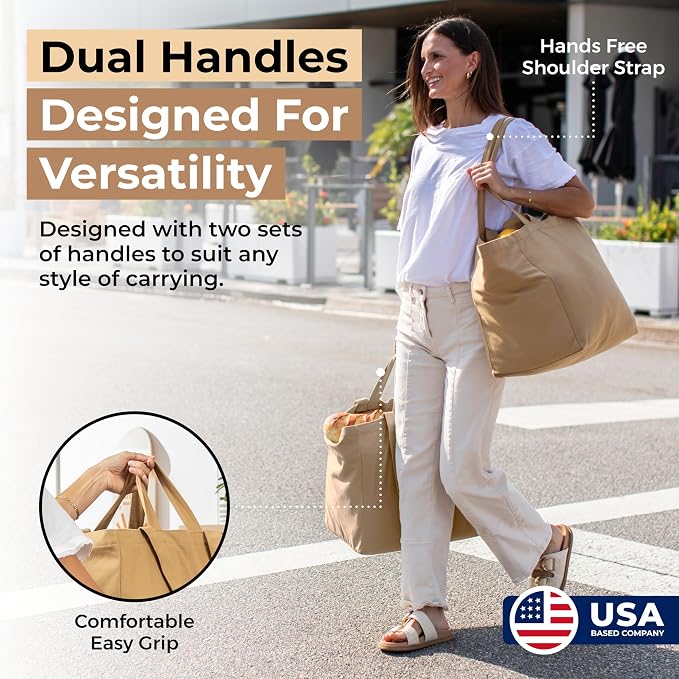 VeraMia Canvas Grocery Bag 3pc XL Set with Real Pockets, Long Shoulder Strap and Short Handle. Heavy Duty, Foldable, Washable - Image 3