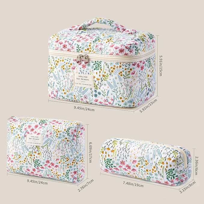HBselect Quilted Makeup Bag, 3Pcs Cotton Large Travel Makeup Bags Organizer | Cute Floral Make up Bag Cosmetic Bag Toiletry Bag for Women Girls, Makeup Pouch for Skincare, Brushes & Travel Essentials - Image 5