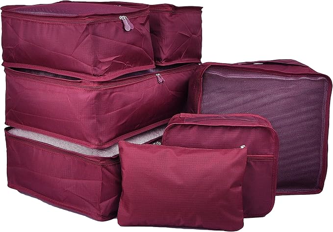 Vercord 7 Set Travel Packing Organizers Cubes Luggage Suitcase Organizer Bags Clothes Underwear Cube Shoe Pouch Pack Burgundy - Image 7